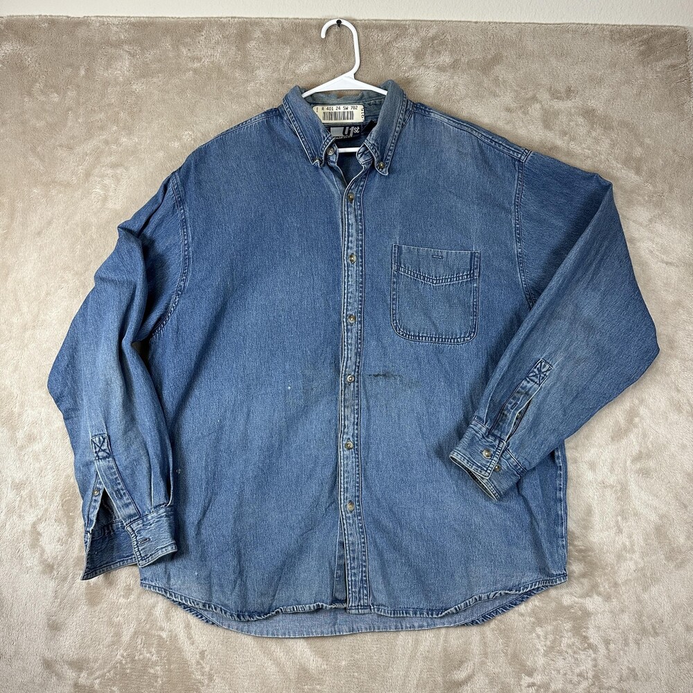 UniFirst Shirt Mens XL Blue Denim Button Front Long Sleeve Workwear Cotton